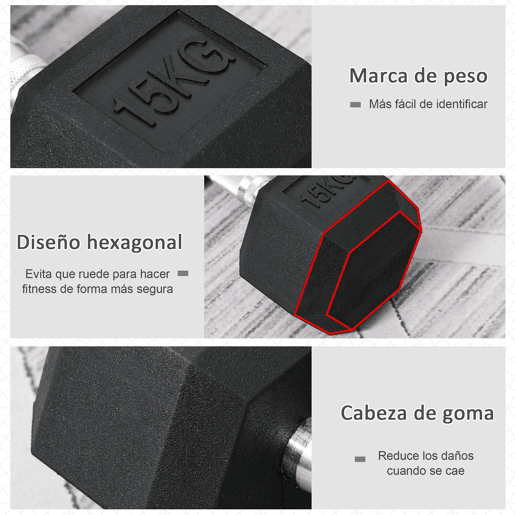 HOMCOM Halter Hexagonal, 15 kg, em Ferro Fundido, Revestido a Borracha, Barra de Ligação para Treino em Casa, Ginásio e Escritório, Preto e Prata