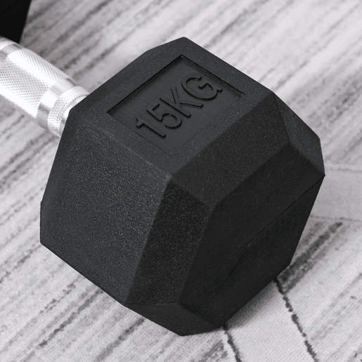 HOMCOM Halter Hexagonal, 15 kg, em Ferro Fundido, Revestido a Borracha, Barra de Ligação para Treino em Casa, Ginásio e Escritório, Preto e Prata