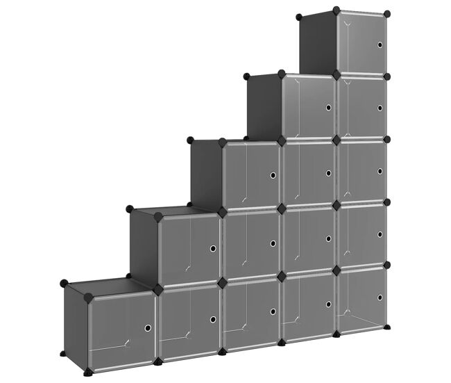 Vidaxl estantería de cubos con 15 compartimentos y puertas pp negro