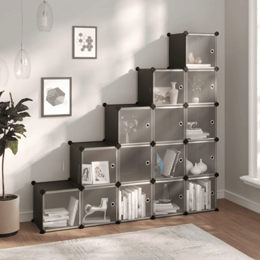 vidaXL Organizador de arrumação com 15 cubos e portas PP preto