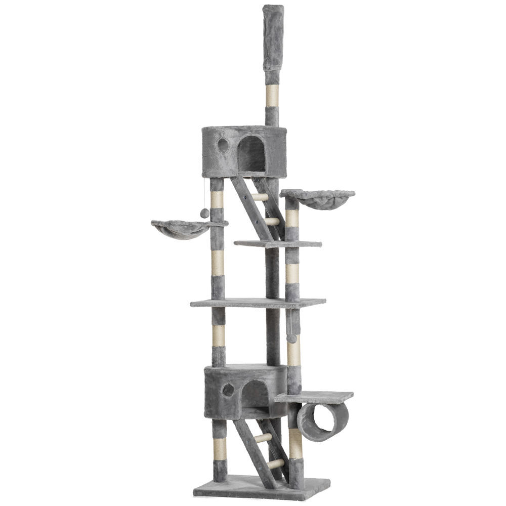 Pawhut árbol para gatos de suelo a techo de 240-260 cm árbol rascador para gatos con altura ajustable múltiples plataformas cuevas cestos y rampas gris claro