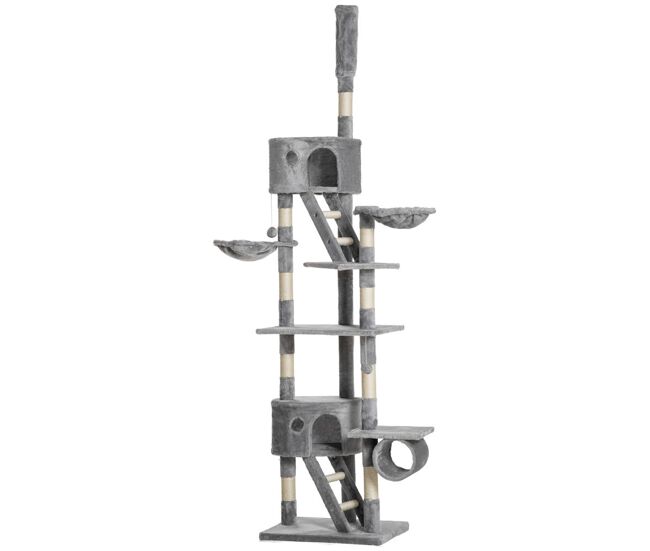 Pawhut árbol para gatos de suelo a techo de 240-260 cm árbol rascador para gatos con altura ajustable múltiples plataformas cuevas cestos y rampas gris claro