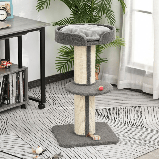PawHut Arranhador para Gatos Altura 91 cm Arranhador para Gatos de 3 Níveis com Ninho Plataforma e Poste de Sisal 45x45x91 cm Cinza