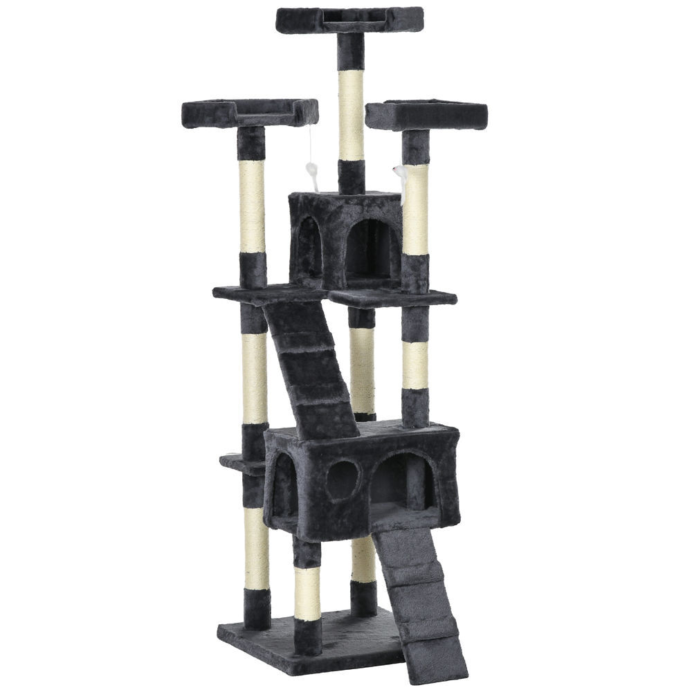 Pawhut árbol rascador para gatos, árbol para gatos 173 cm, torre escalador con 2 cuevas, 3 camas, 2 rampas, postes de sisal, 2 ratones colgantes, gris oscuro