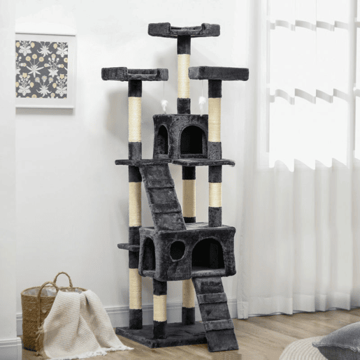 PawHut Arranhador para Gatos Grande 49x49x173 cm com Múltiplos Níveis Cavernas Brinquedos Suspensos Centro de Atividades de Sisal Cinza Escuro