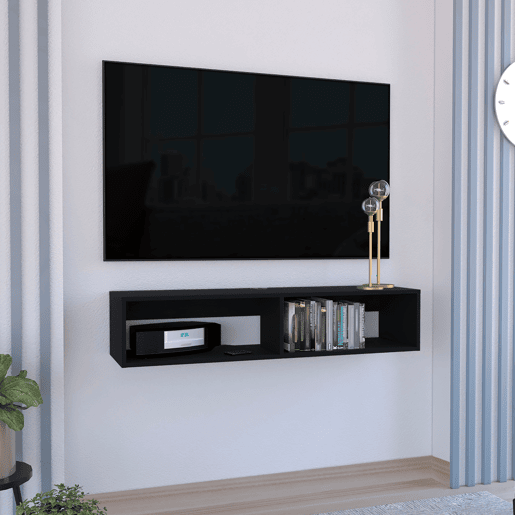Estante multimédia em melamina Rockwood com duas prateleiras, 25.3 cm X 121.1 cm X 32 cm , Preto
