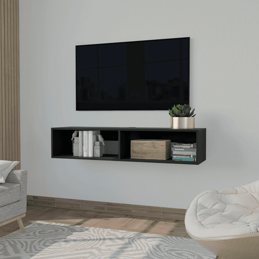 Estante multimédia em melamina Rockwood com duas prateleiras, 25.3 cm X 121.1 cm X 32 cm , Preto
