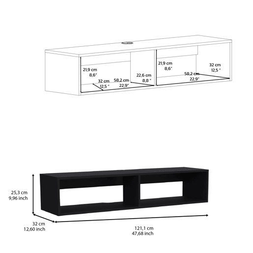 Estante multimédia em melamina Rockwood com duas prateleiras, 25.3 cm X 121.1 cm X 32 cm , Preto