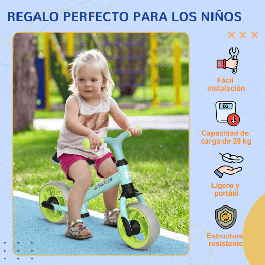 AIYAPLAY Bicicleta sem Pedais para Crianças de 18-48 Meses Bicicleta de Equilíbrio com Assento Ajustável em Altura Carga 25 kg 66,5x34x47 cm Verde