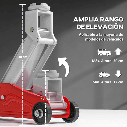 HOMCOM Macaco Hidráulico para Carros de 2 Toneladas Macaco Hidráulico com Altura Ajustável 12-30 cm e 4 Rodas para Apoiar Carros Vermelho e Cinza