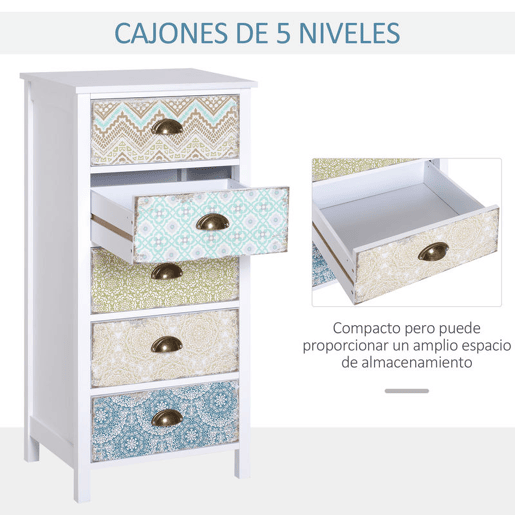 HOMCOM Cómoda de Dormitório Moderna Cómoda de Madeira com 5 Gavetas com Diferentes Padrões Móvel Cómoda para Sala de Estar Escritório 46x34x97,5 cm Multicor