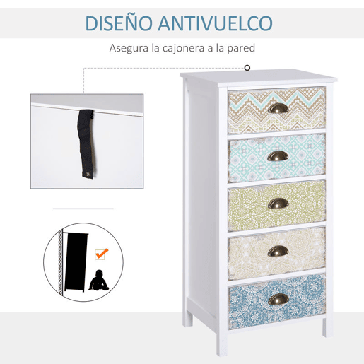 HOMCOM Cómoda de Dormitório Moderna Cómoda de Madeira com 5 Gavetas com Diferentes Padrões Móvel Cómoda para Sala de Estar Escritório 46x34x97,5 cm Multicor