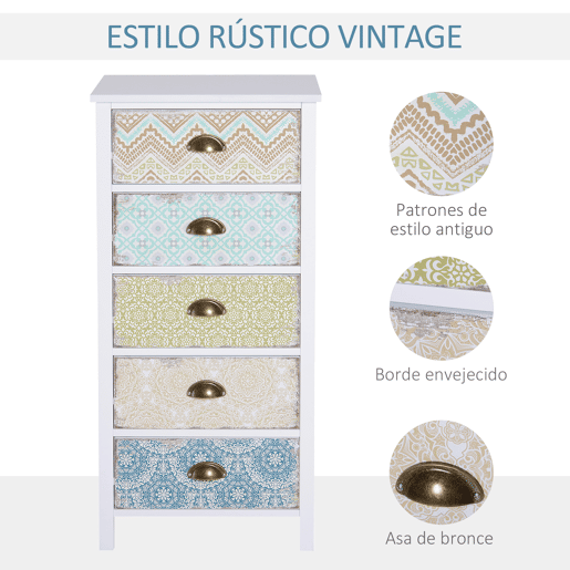 HOMCOM Cómoda de Dormitório Moderna Cómoda de Madeira com 5 Gavetas com Diferentes Padrões Móvel Cómoda para Sala de Estar Escritório 46x34x97,5 cm Multicor
