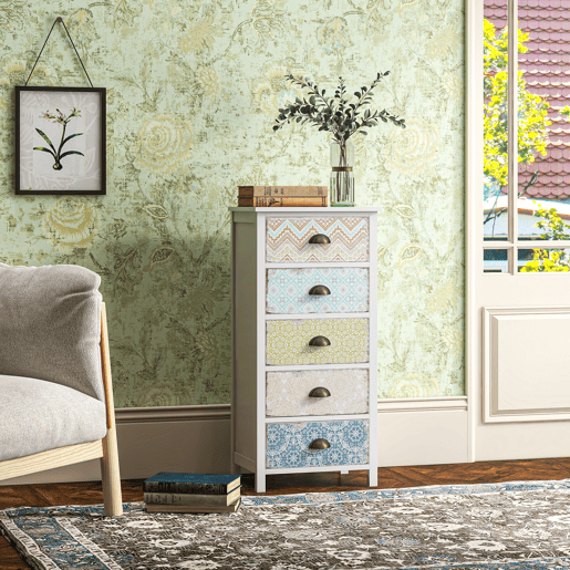 HOMCOM Cómoda de Dormitório Moderna Cómoda de Madeira com 5 Gavetas com Diferentes Padrões Móvel Cómoda para Sala de Estar Escritório 46x34x97,5 cm Multicor