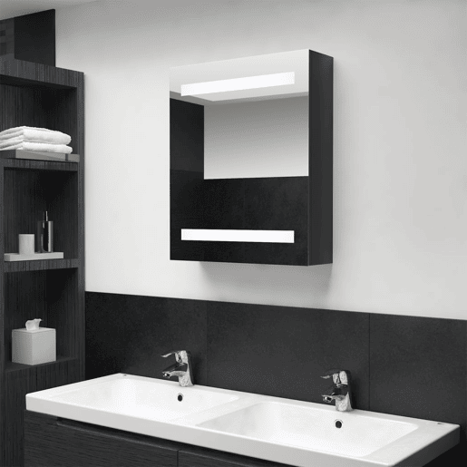 vidaXL Armário espelhado casa de banho LED 50x14x60 cm preto brilhante vidaXL Armário espelhado casa de banho LED 50x14x60 cm preto brilhante
