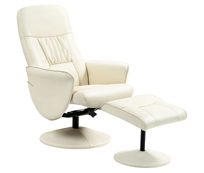Homcom sillón relax reclinable con reposapiés, sillón relax de cuero sintético con respaldo alto, giratorio 360°, reposabrazos, para salón, dormitorio, crema