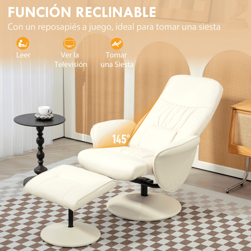 HOMCOM Poltrona Relax com Apoio para os Pés Estofada em PU Poltrona Relax Reclinável até 145° e Giratório 360° com Encosto Ajustável para Sala de Estar Dormitório Escritório 81x81x105cm Creme