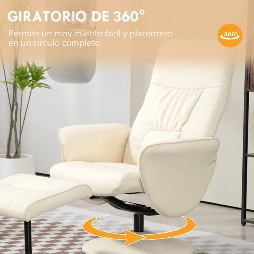 HOMCOM Poltrona Relax com Apoio para os Pés Estofada em PU Poltrona Relax Reclinável até 145° e Giratório 360° com Encosto Ajustável para Sala de Estar Dormitório Escritório 81x81x105cm Creme