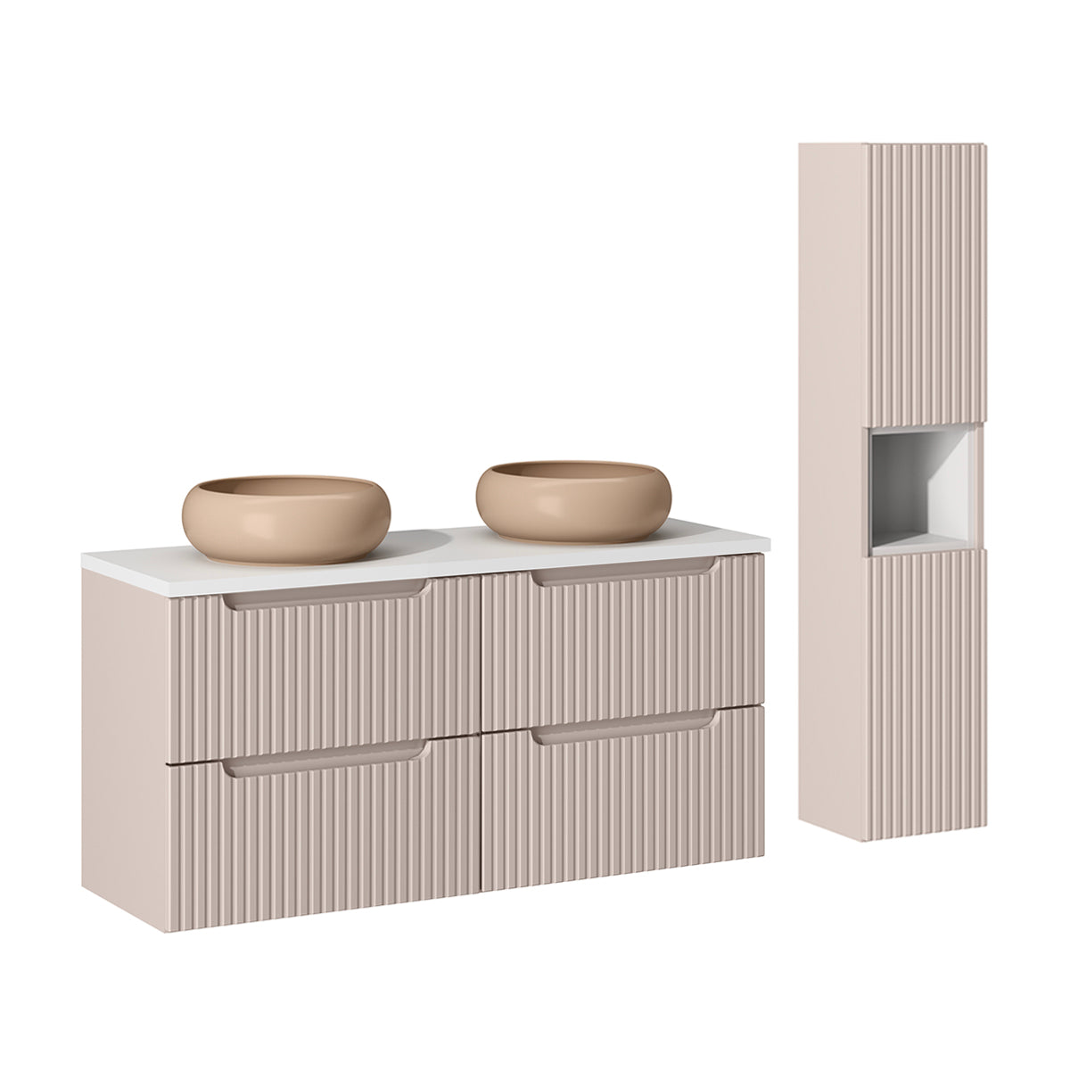 Conjunto de muebles con doble lavabo 120 cm 4 cajones y columna riva cachemira y blanco