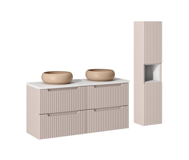 Conjunto de muebles con doble lavabo 120 cm 4 cajones y columna riva cachemira y blanco