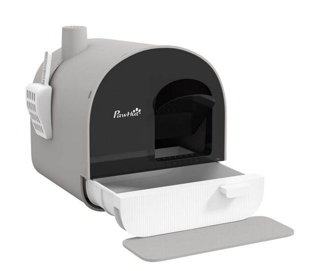 Pawhut arenero cerrado para gatos, caja de arena para gatos con bandeja extraíble, pala, alfombrilla antirrastreo y filtro para control de olores, puerta abatible, fácil de limpiar, 43x44x47 cm, gris