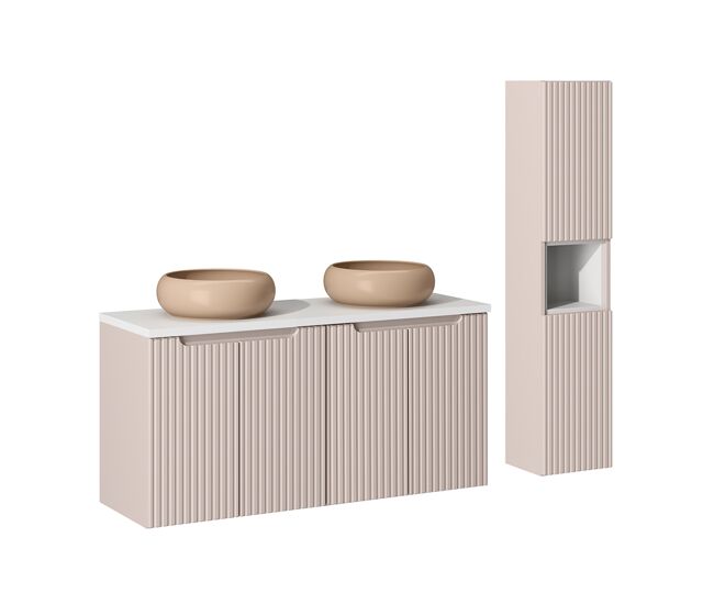Conjunto de muebles con doble lavabo 120cm 4 puertas y columna riva cachemira y blanco
