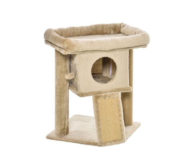 Pawhut árbol rascador para gatos pequeños 57 cm, torre para gatos con poste de sisal, rampa para rascar, cueva, cama y bola colgante, 40x40x57 cm, café