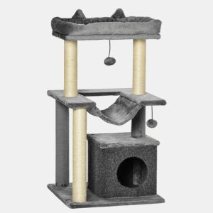PawHut Arranhador para Gatos Altura 90 cm Torre para Gatos de 3 Níveis com Caverna Rede Plataforma Bolas Suspensas e Poste de Sisal 48x48x90 cm Cinza