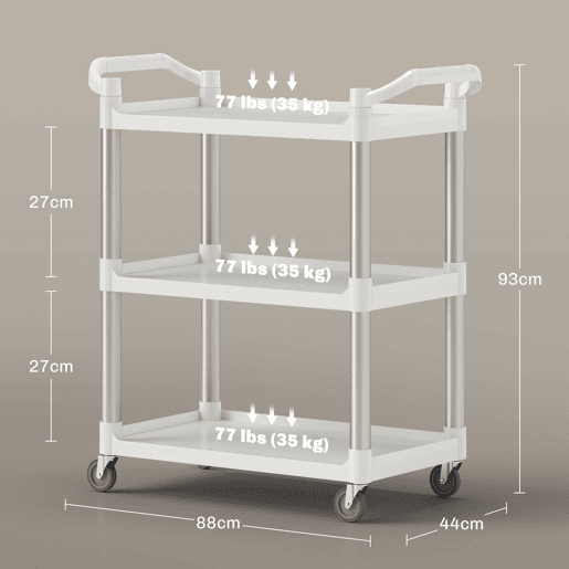 HOMCOM Carrinho Auxiliar com Rodas e Liga de Alumínio Carrinho de Cozinha com 3 Prateleiras Carrinho de Armazenamento Carga 105 kg para Sala de Jantar Casa de Banho 88x44x93 cm Branco