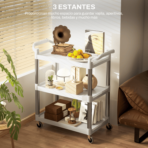 HOMCOM Carrinho Auxiliar com Rodas e Liga de Alumínio Carrinho de Cozinha com 3 Prateleiras Carrinho de Armazenamento Carga 105 kg para Sala de Jantar Casa de Banho 88x44x93 cm Branco