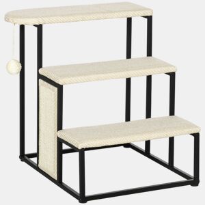 PawHut Escada para Cães de 3 Níveis Escada para Animais de Estimação com 3 Degraus Bola Suspensa Painel para Arranhar e Estrutura de Aço 47x45x47 cm Creme e Preto