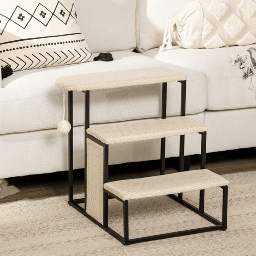 PawHut Escada para Cães de 3 Níveis Escada para Animais de Estimação com 3 Degraus Bola Suspensa Painel para Arranhar e Estrutura de Aço 47x45x47 cm Creme e Preto