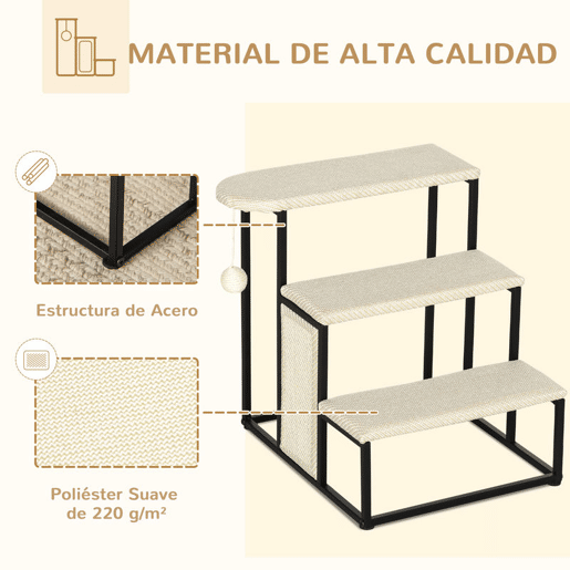 PawHut Escada para Cães de 3 Níveis Escada para Animais de Estimação com 3 Degraus Bola Suspensa Painel para Arranhar e Estrutura de Aço 47x45x47 cm Creme e Preto