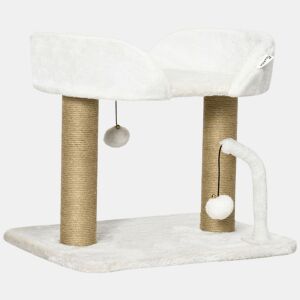 PawHut Arranhador para Gatos Pequenos Altura 42 cm Arranhador para Gatos com Cama Bolas Supensas e Postes de Juta 48x38x42 cm Branco