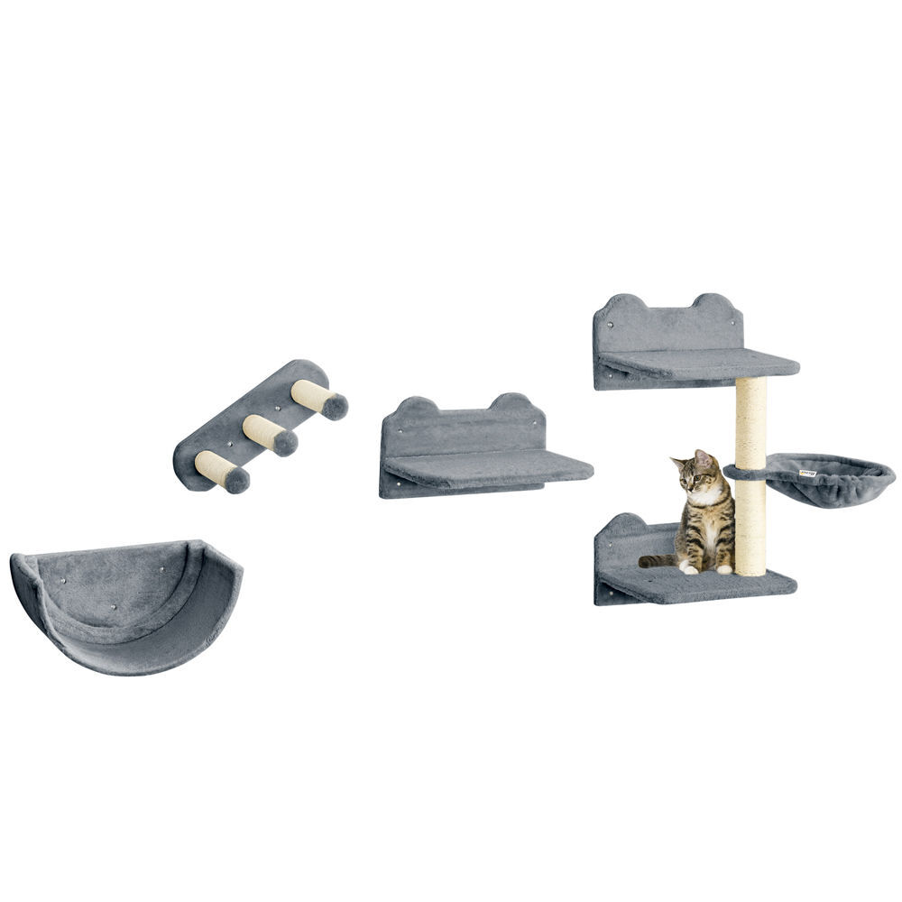 Pawhut estante de escalada para gatos de pared juego de estantes para gatos 4 piezas con hamaca nido rascador plataformas para saltar y poste de sisal gris