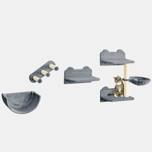 PawHut Prateleiras de Escalada para Gatos de Parede Conjunto de Prateleiras para Gatos 4 Peças com Rede Plataforma Semicircular Plataformas de Salto e Poste de Sisal Cinza