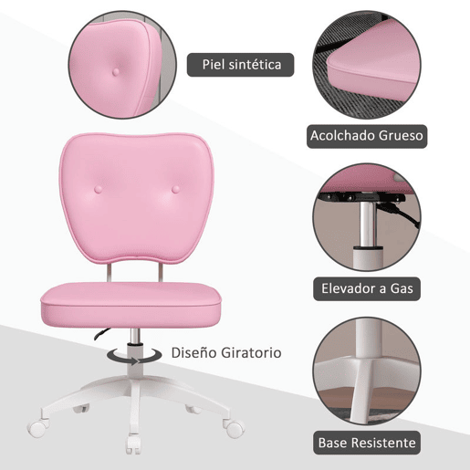 Vinsetto Cadeira de Escritório Estofada em PU Cadeira de Escritório Giratória com Altura Ajustável Sem Braços Carga 120 kg Cadeira de Estudo Dormitório 46x59x82-92 cm Rosa