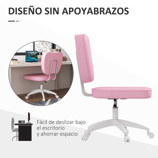 Vinsetto Cadeira de Escritório Estofada em PU Cadeira de Escritório Giratória com Altura Ajustável Sem Braços Carga 120 kg Cadeira de Estudo Dormitório 46x59x82-92 cm Rosa