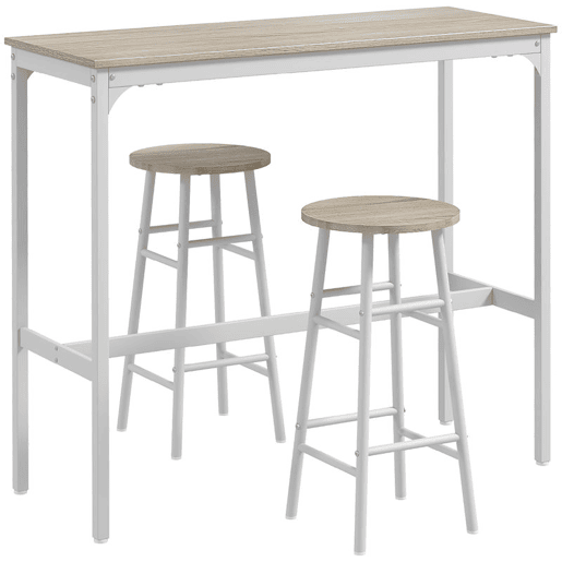 HOMCOM Conjunto de Mesa Alta de Bar com 2 Bancos Mesa Alta de Cozinha com Bancos Estrutura em Aço Mesa Alta Estilo Industrial para Sala de Jantar Natural e Branco
