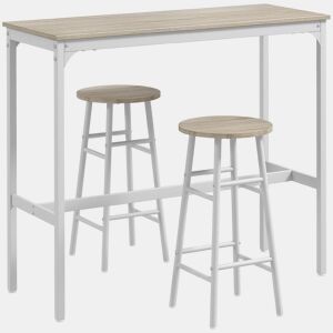 HOMCOM Conjunto de Mesa Alta de Bar com 2 Bancos Mesa Alta de Cozinha com Bancos Estrutura em Aço Mesa Alta Estilo Industrial para Sala de Jantar Natural e Branco