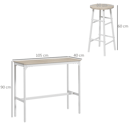 HOMCOM Conjunto de Mesa Alta de Bar com 2 Bancos Mesa Alta de Cozinha com Bancos Estrutura em Aço Mesa Alta Estilo Industrial para Sala de Jantar Natural e Branco