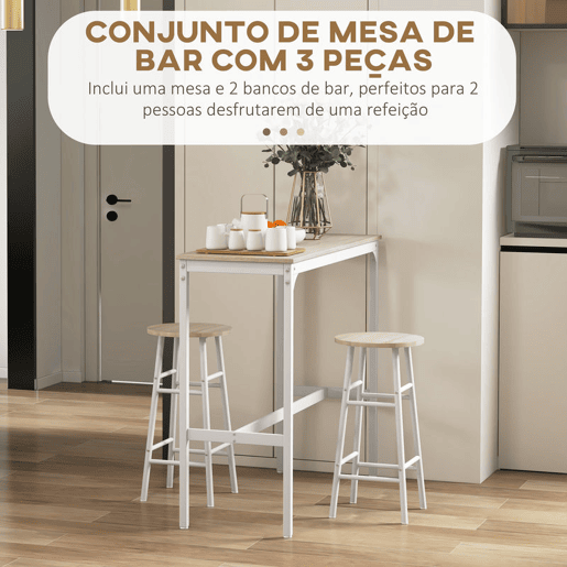 HOMCOM Conjunto de Mesa Alta de Bar com 2 Bancos Mesa Alta de Cozinha com Bancos Estrutura em Aço Mesa Alta Estilo Industrial para Sala de Jantar Natural e Branco