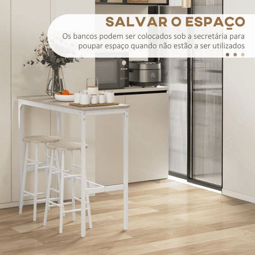 HOMCOM Conjunto de Mesa Alta de Bar com 2 Bancos Mesa Alta de Cozinha com Bancos Estrutura em Aço Mesa Alta Estilo Industrial para Sala de Jantar Natural e Branco