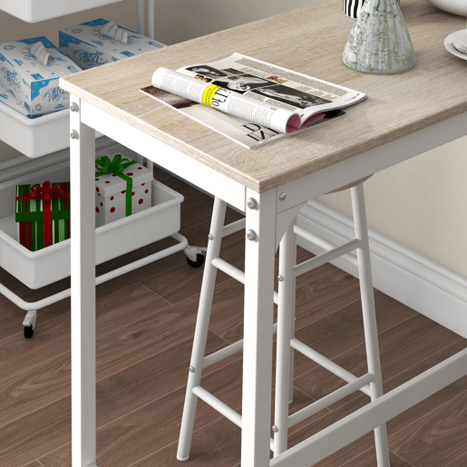 HOMCOM Conjunto de Mesa Alta de Bar com 2 Bancos Mesa Alta de Cozinha com Bancos Estrutura em Aço Mesa Alta Estilo Industrial para Sala de Jantar Natural e Branco