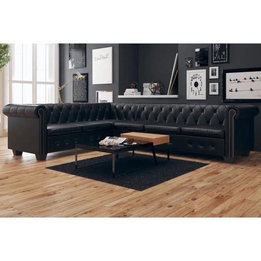 vidaXL Sofá de canto Chesterfield 6 lugares couro artificial preto