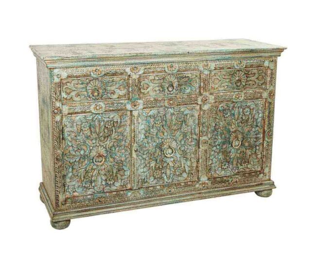 Aparador de madera tallada verde 147x45x96