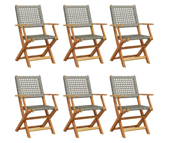 Vidaxl sillas de jardín plegables 6 uds madera maciza y ratán pe gris