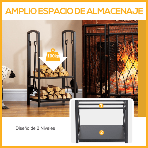 Outsunny Suporte para Lenha de 2 Níveis Porta Lenha Exterior e Interior Metálico com 4 Ferramentas para Lareira Carga Máx. 100kg 40x30x74,5cm Preto Outsunny Suporte para Lenha de 2 Níveis Porta Lenha Exterior e Interior Metálico com 4 Ferramentas para Lareira Carga Máx. 100kg 40x30x74,5cm Preto