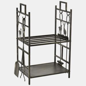 Outsunny Suporte para Lenha de Ferro Forjado de 2 Níveis com 4 Ferramentas para Interior e Exterior 51,5x33x77 cm Preto e Dourado