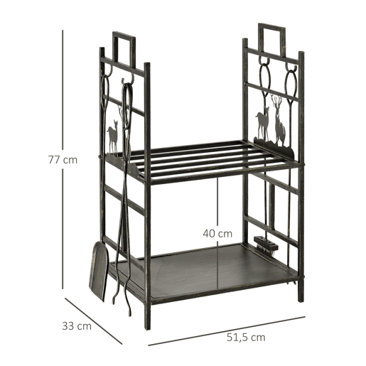 Outsunny Suporte para Lenha de Ferro Forjado de 2 Níveis com 4 Ferramentas para Interior e Exterior 51,5x33x77 cm Preto e Dourado